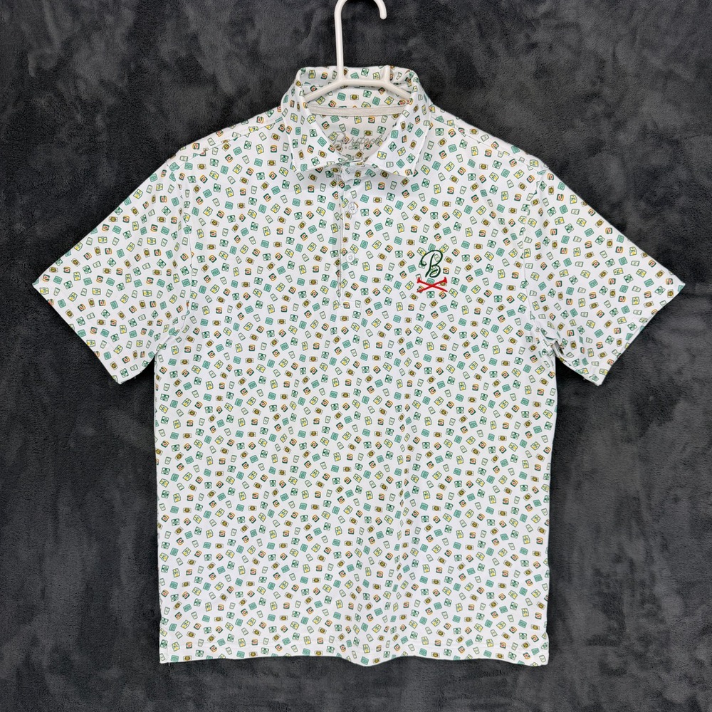 Barstool‎ Golf Mens Small White Sandwich Drink Print Performance Polo Shirt